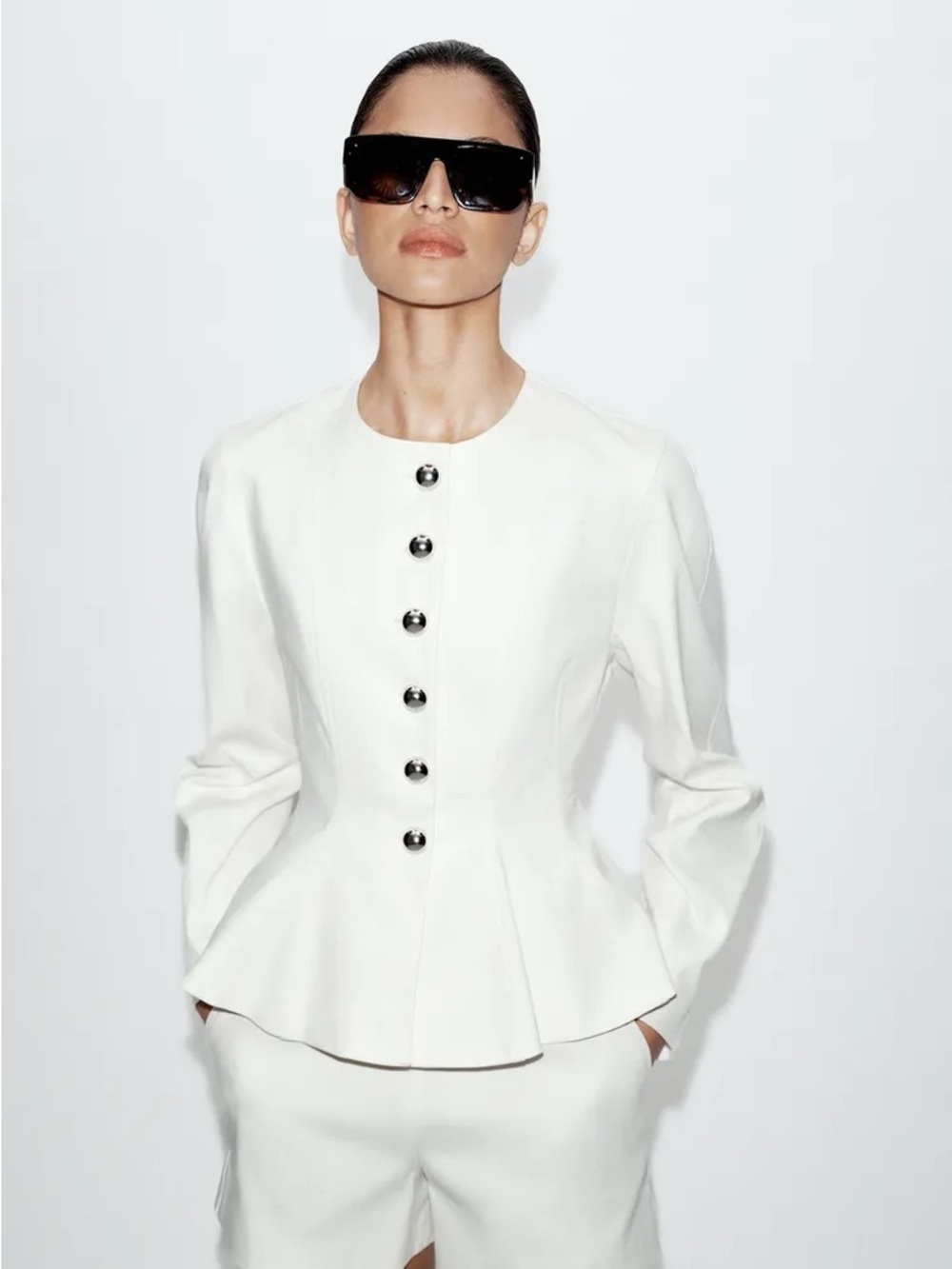 NWT Zara Woman PEPLUM BLAZER WITH METAL BALL BUTTONS White Size XS